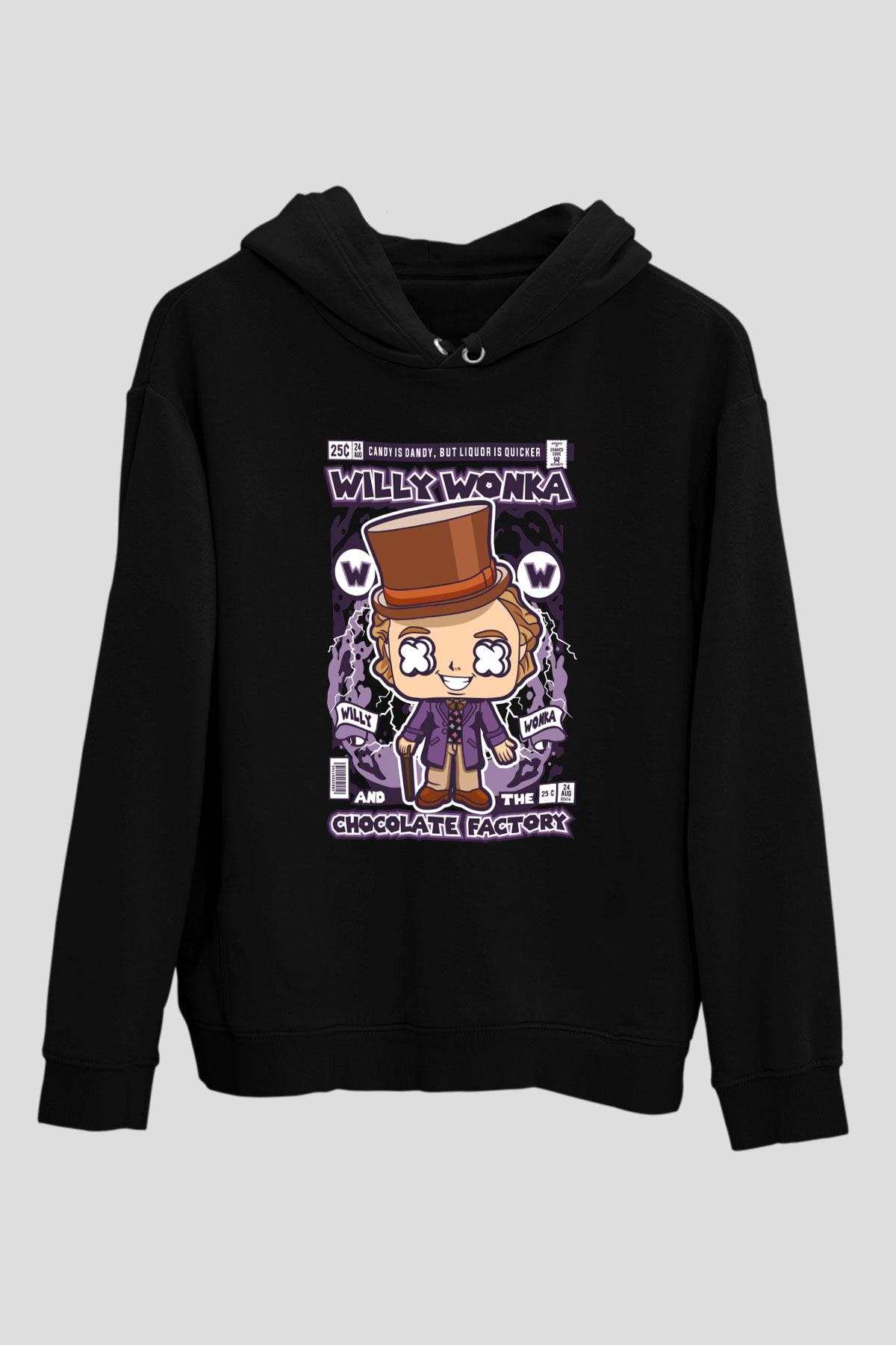 Willy Wonka Çikolata Fabrikası Baskılı Unisex Siyah Hoodie