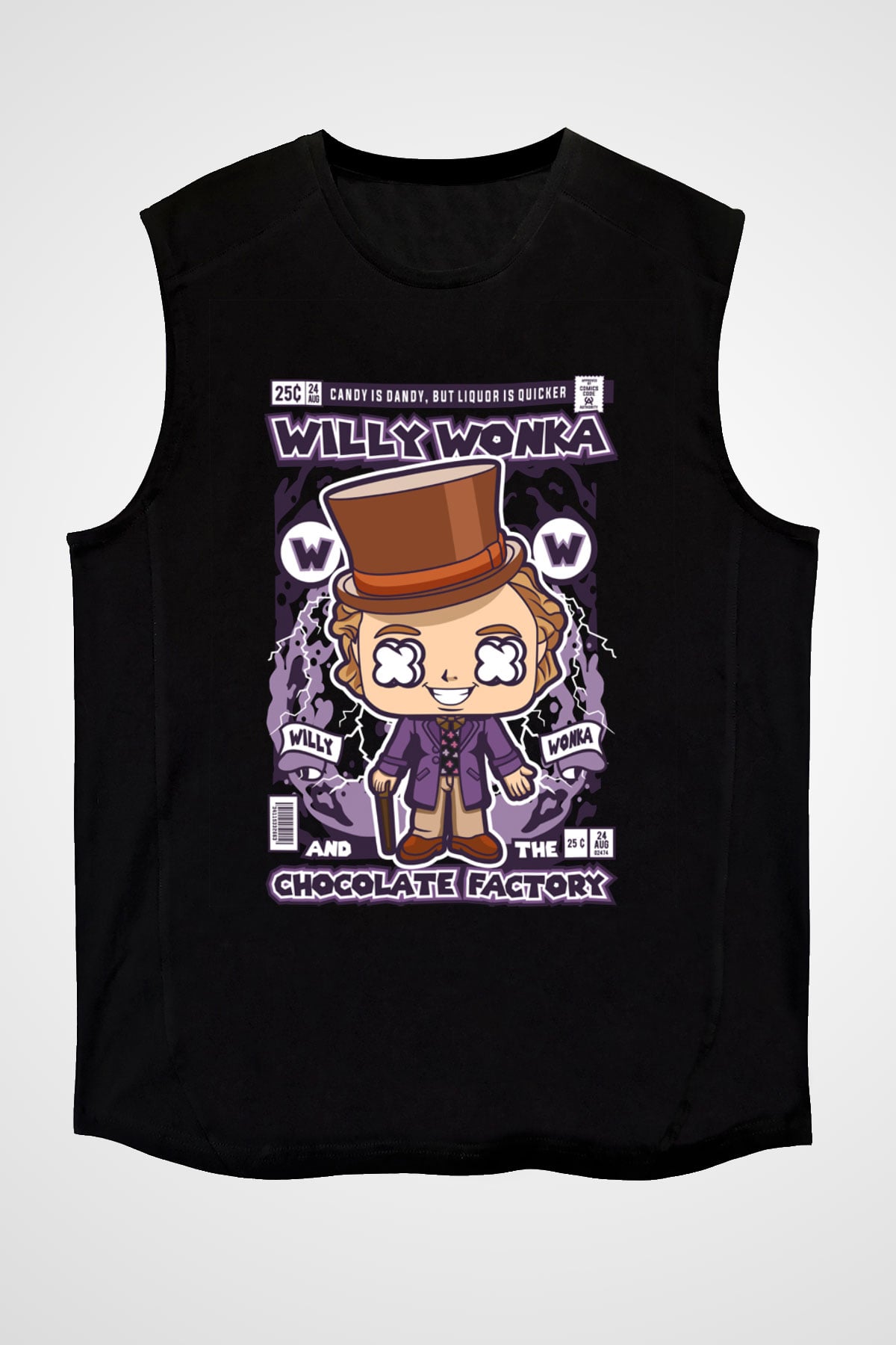 Willy Wonka Çikolata Fabrikası Baskılı Unisex Siyah Kolsuz Tişört