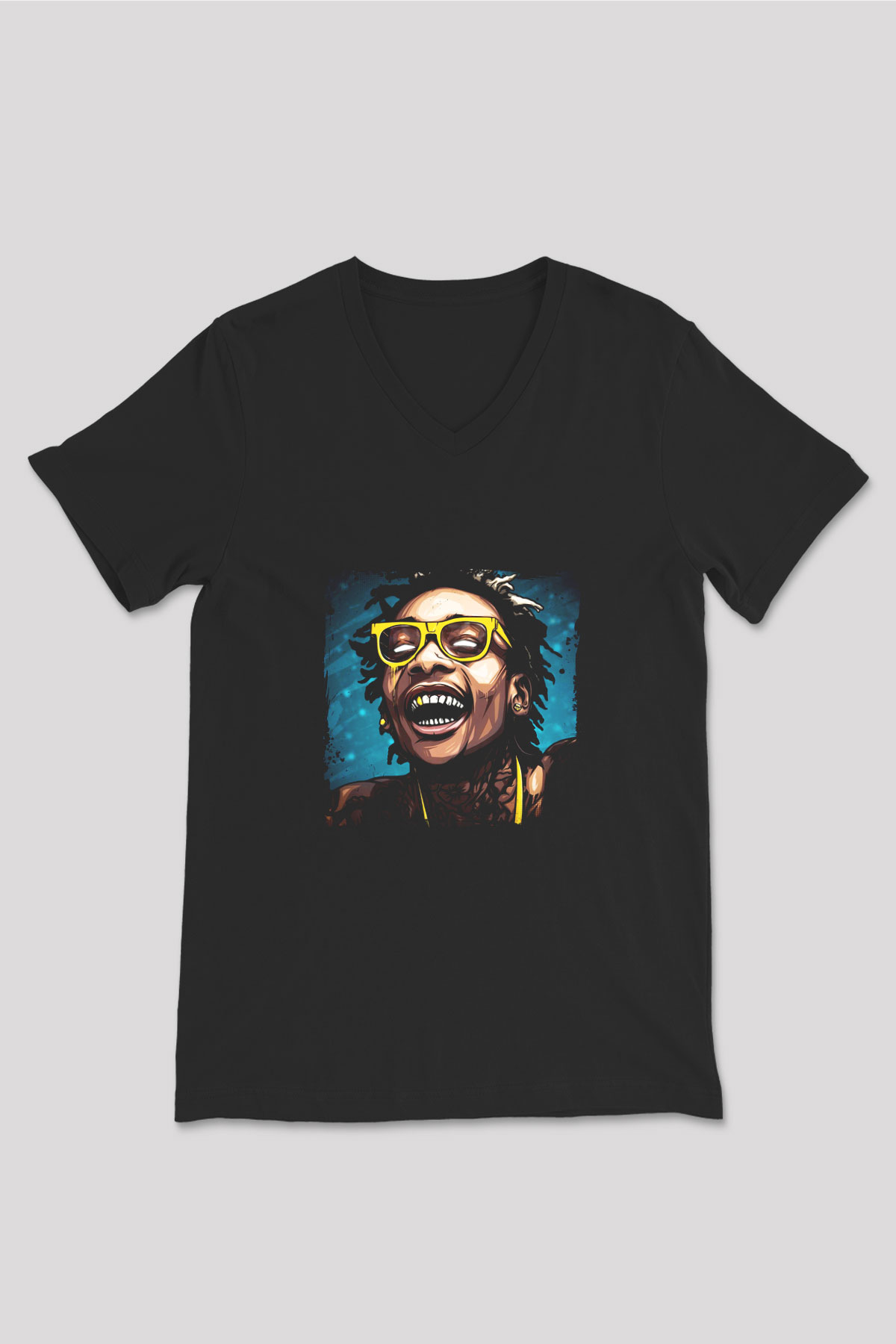 Wiz Khalifa Baskılı Unisex Siyah V Yaka Tişört
