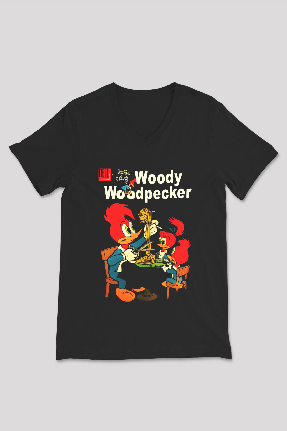 Woody Woodpecker Siyah Unisex V Yaka Tişört