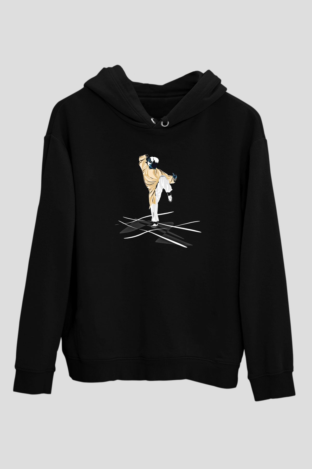 Wushu Baskılı Unisex Siyah Kapüşonlu Sweatshirt
