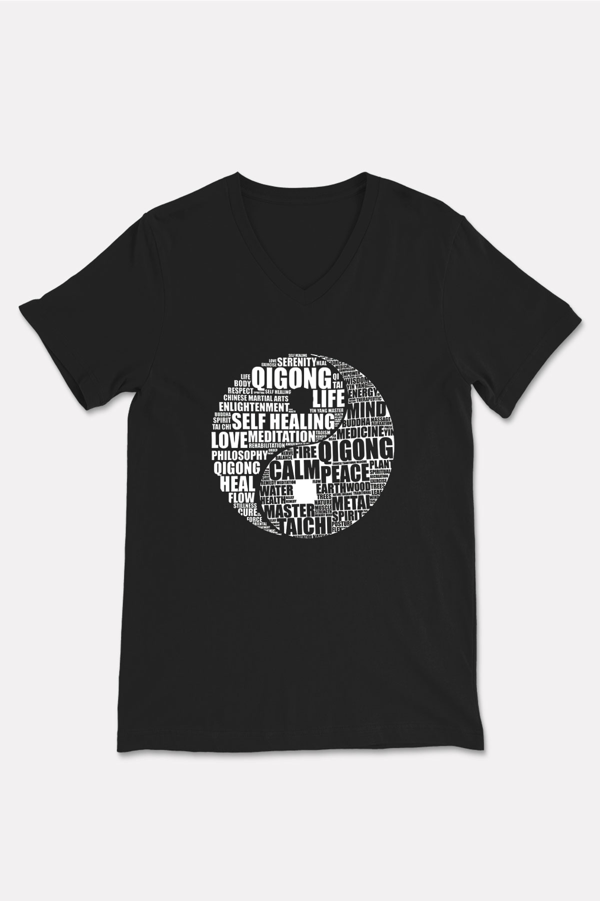 Wushu Baskılı Unisex Siyah V Yaka Tişört