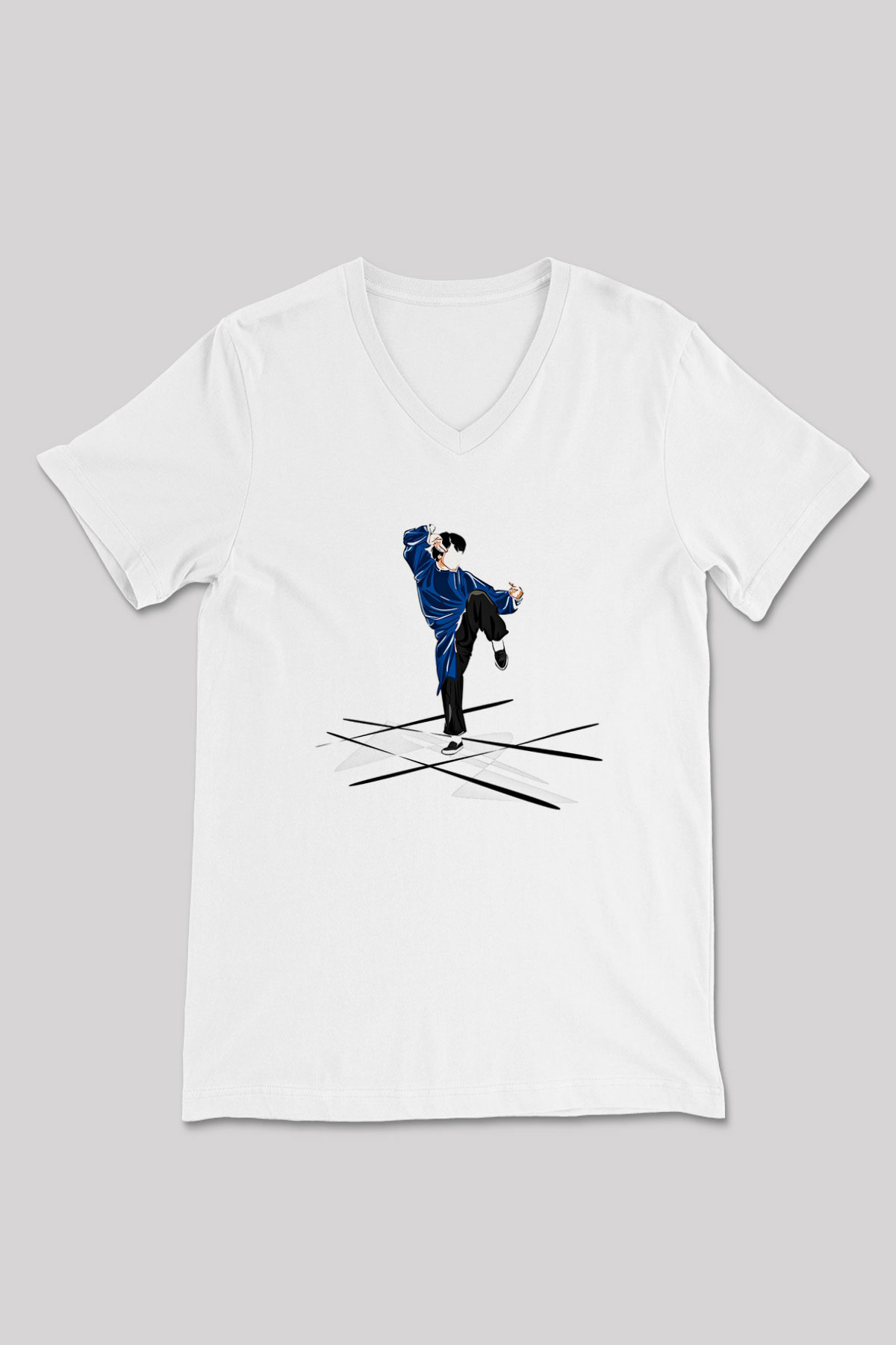 Wushu Baskılı Unisex V Yaka Tişört - Tshirt