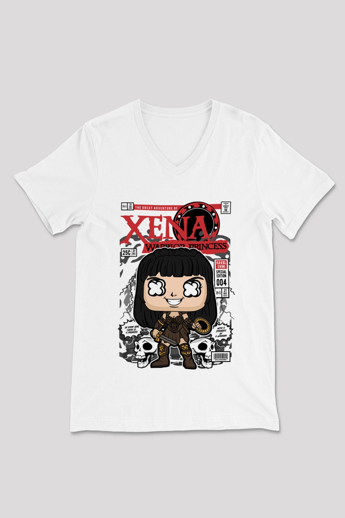 XENA - Savaşçı Prenses Baskılı Unisex Beyaz V Yaka Tişört