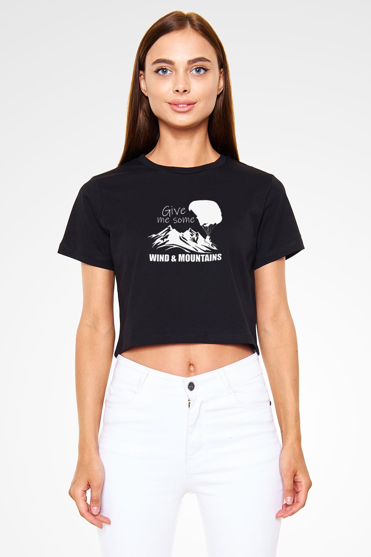 Yamaç Paraşütü - Paragliding Baskılı Crop Top Siyah Kadın Tişört - Tshirt