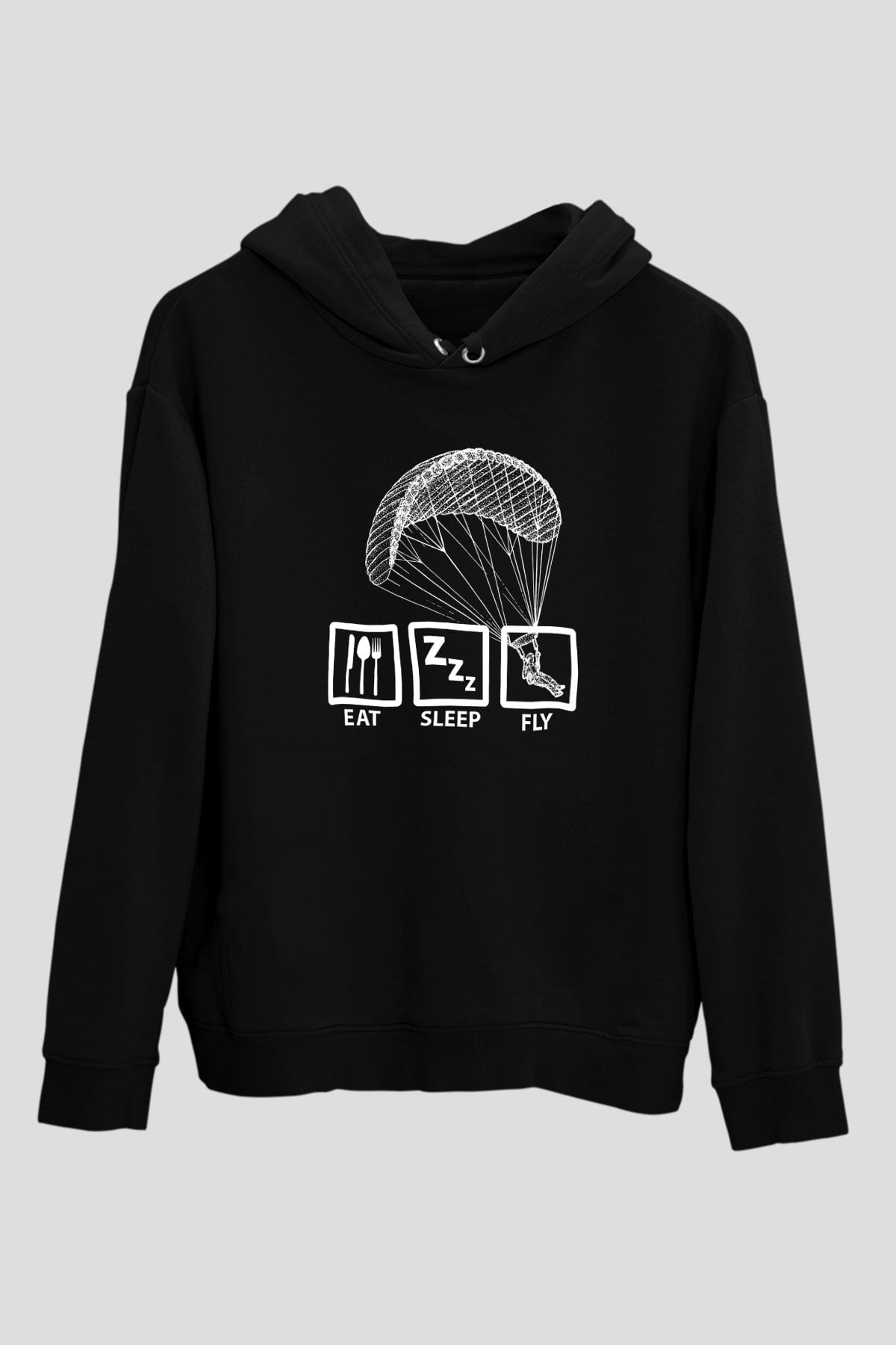 Yamaç Paraşütü - Paragliding Baskılı Unisex Siyah Kapüşonlu Sweatshirt