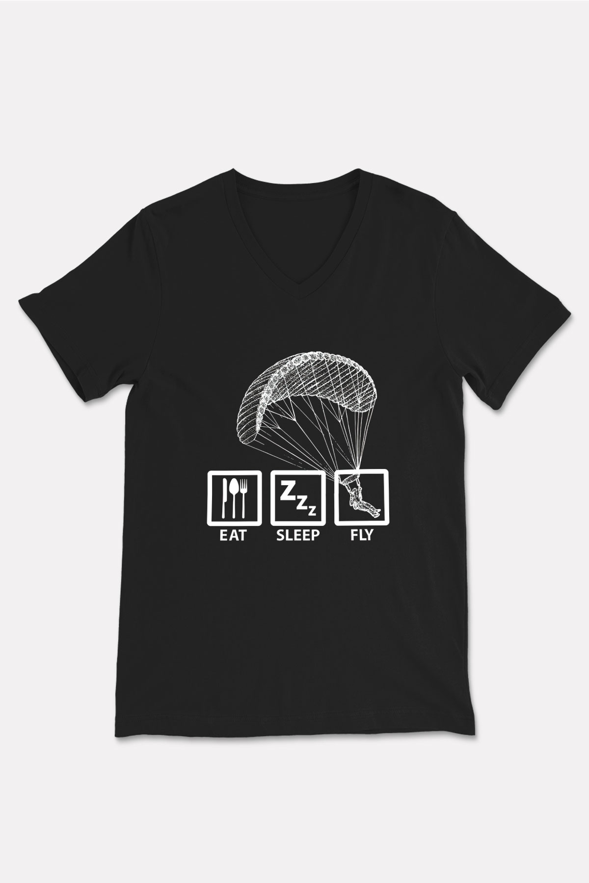 Yamaç Paraşütü - Paragliding Baskılı Unisex Siyah V Yaka Tişört
