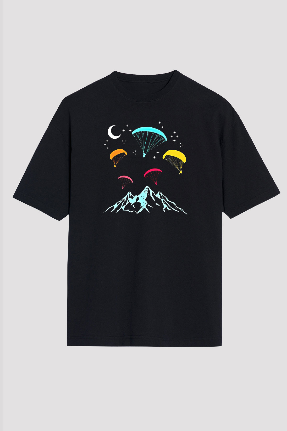 Yamaç Paraşütü - Paragliding Baskılı Unisex Siyah Oversize Tişört