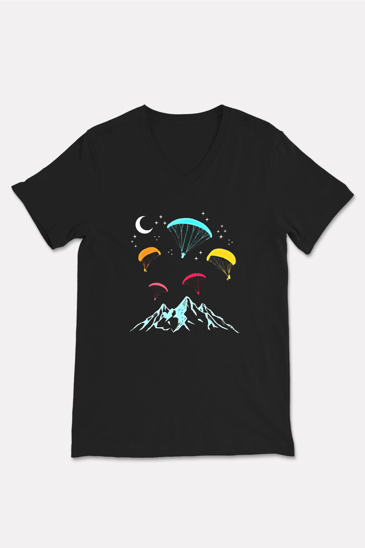 Yamaç Paraşütü - Paragliding Baskılı Unisex Siyah V Yaka Tişört