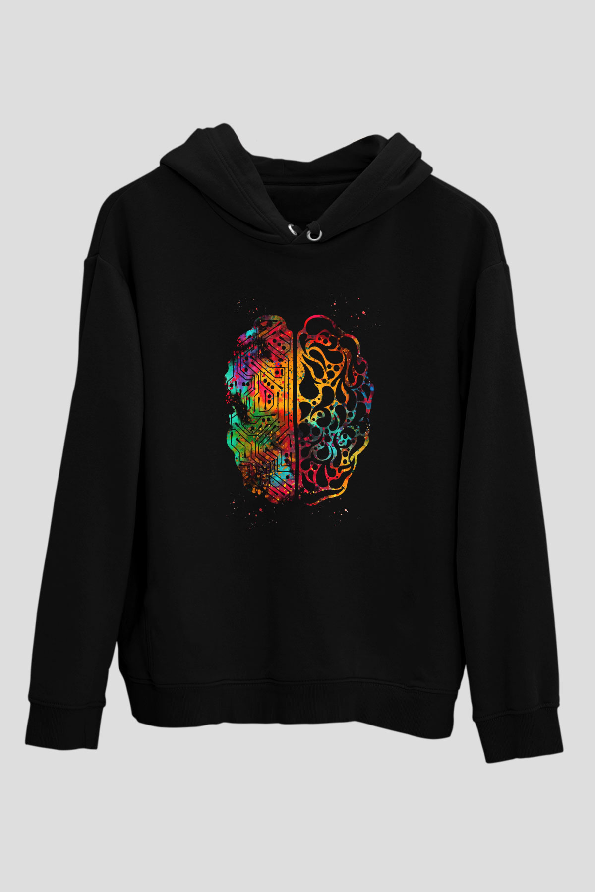 Yapay Zeka Beyin Baskılı Unisex Siyah Kapüşonlu Sweatshirt