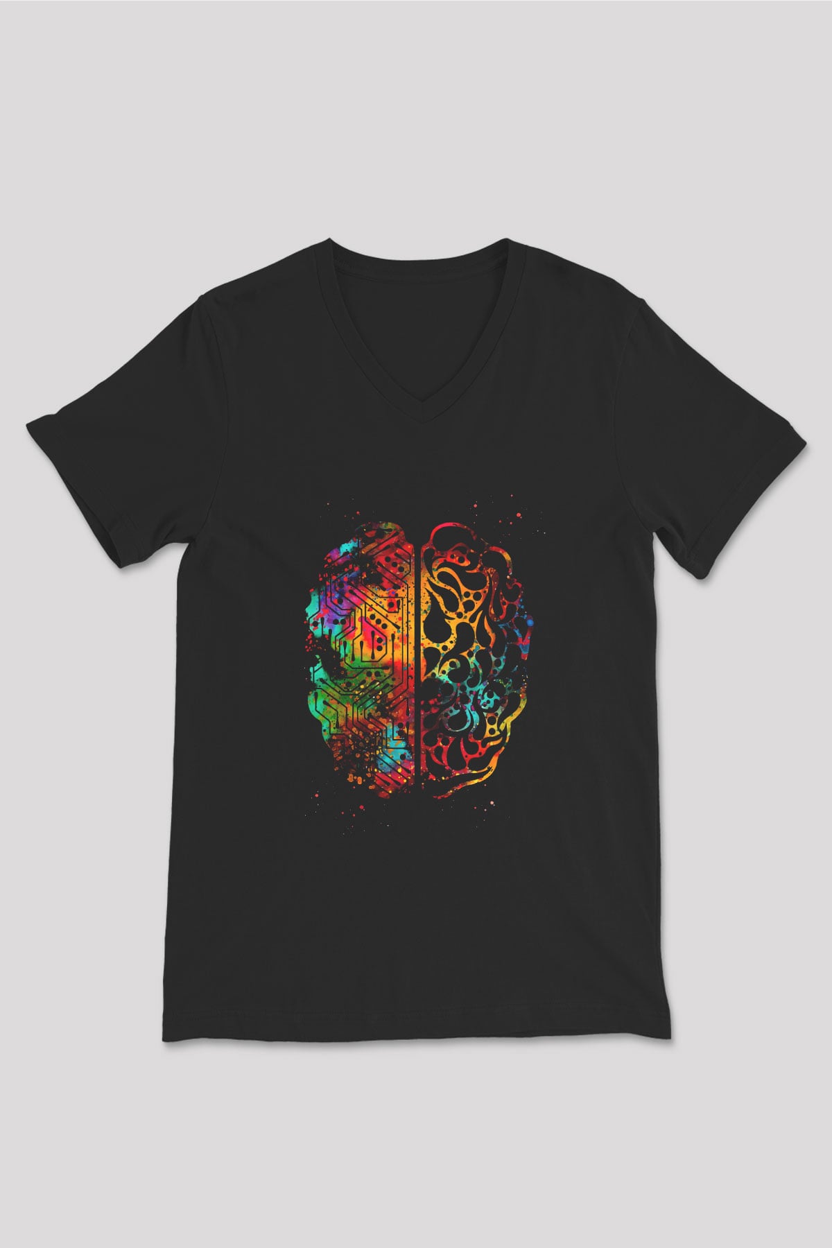 Yapay Zeka Beyin Baskılı Unisex V Yaka Siyah Tİşört - Tshirt