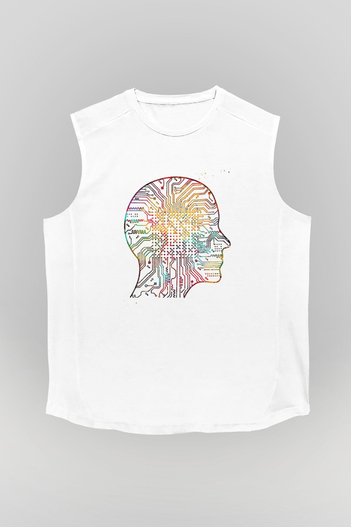 Yapay Zeka Renkli Baskılı Unisex Kolsuz Beyaz Tişört - Tshirt