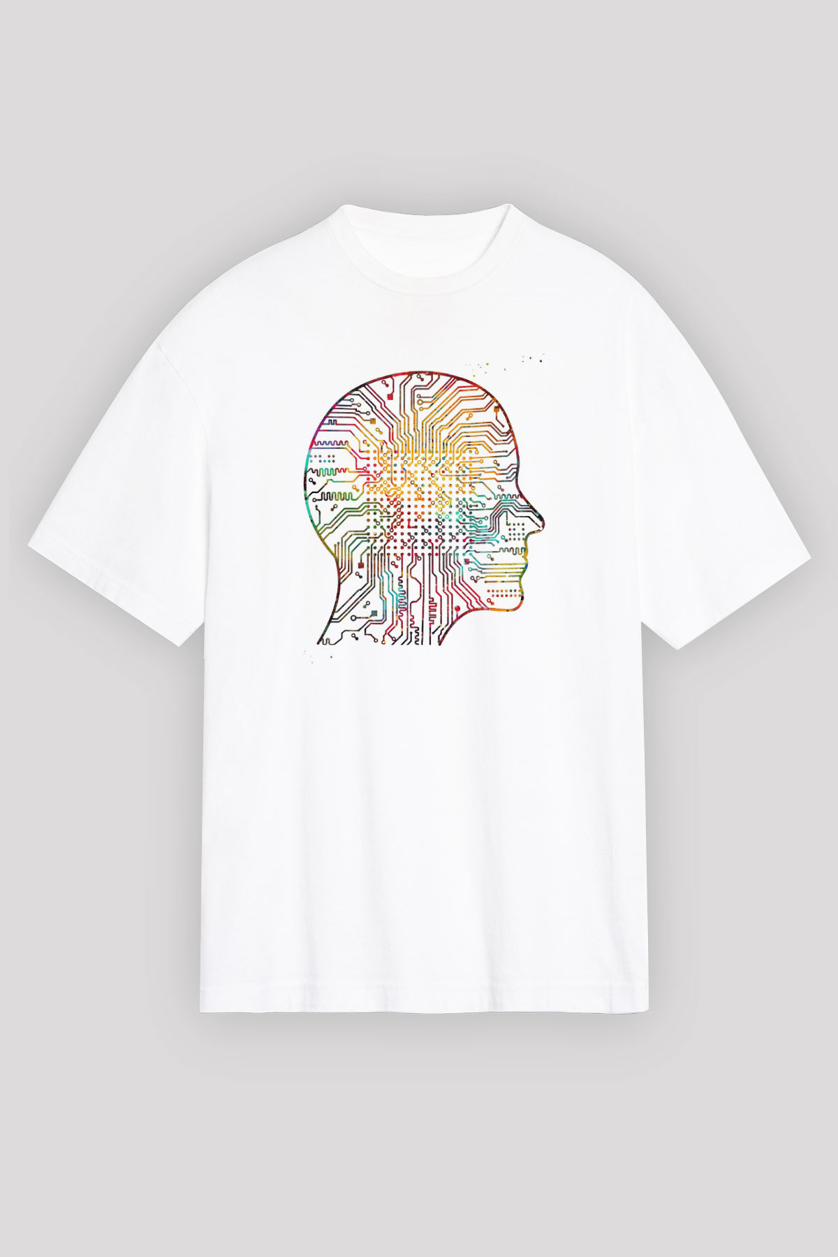 Yapay Zeka Renkli Baskılı Unisex Oversize Beyaz Tişört - Tshirt
