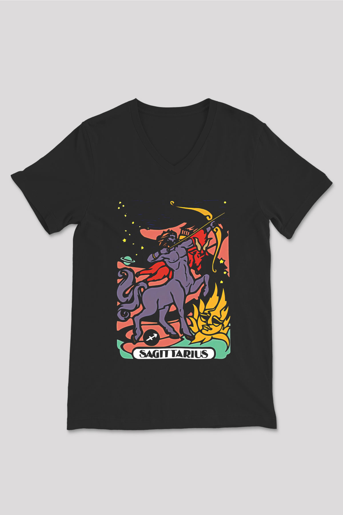 Yay Burcu Baskılı Unisex Siyah V Yaka Tişört - Tshirt