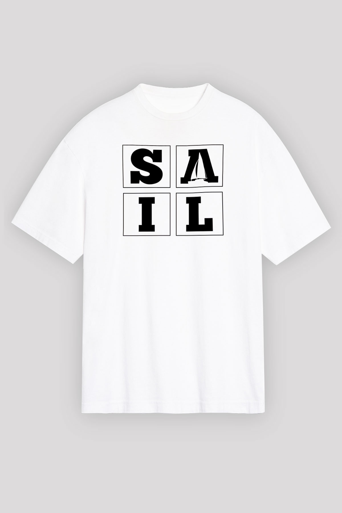 Yelken Baskılı Unisex Beyaz Oversize Tişört - Tshirt