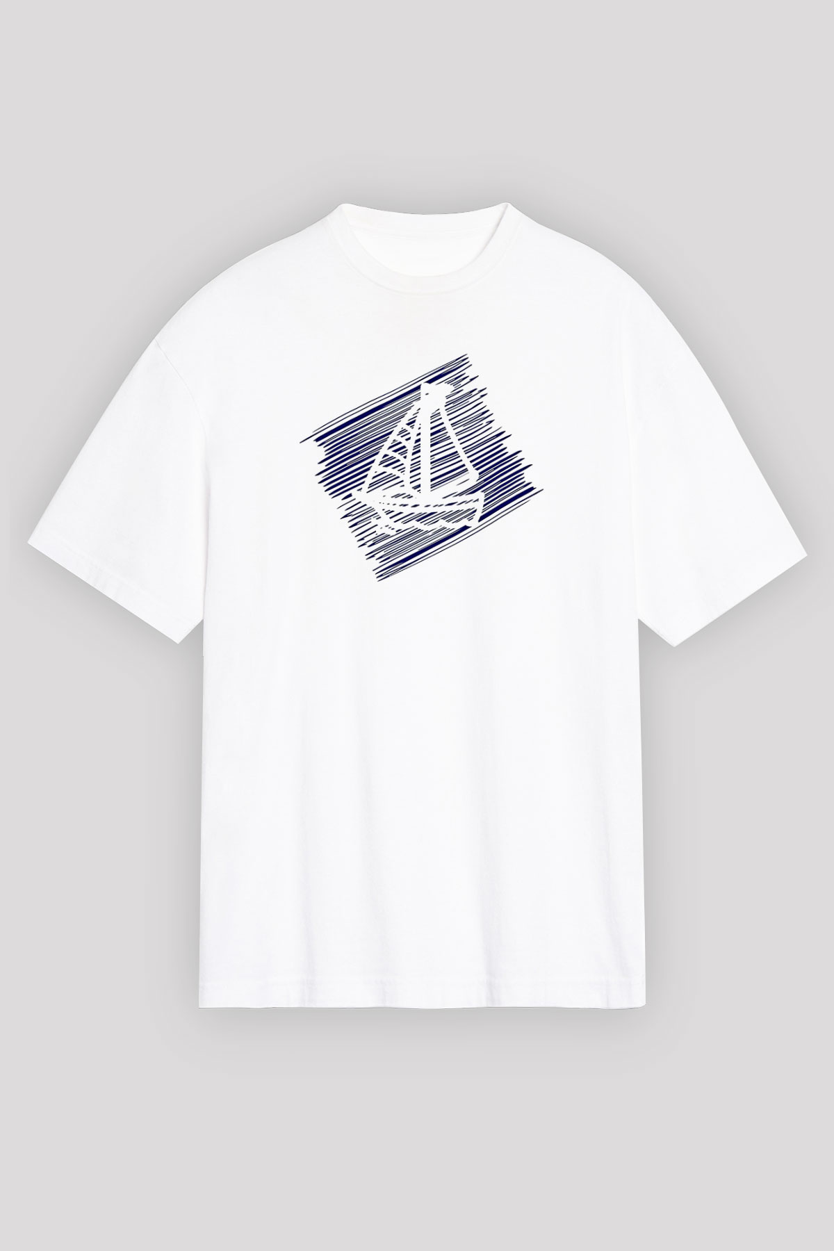 Yelken Baskılı Unisex Beyaz Oversize Tişört - Tshirt