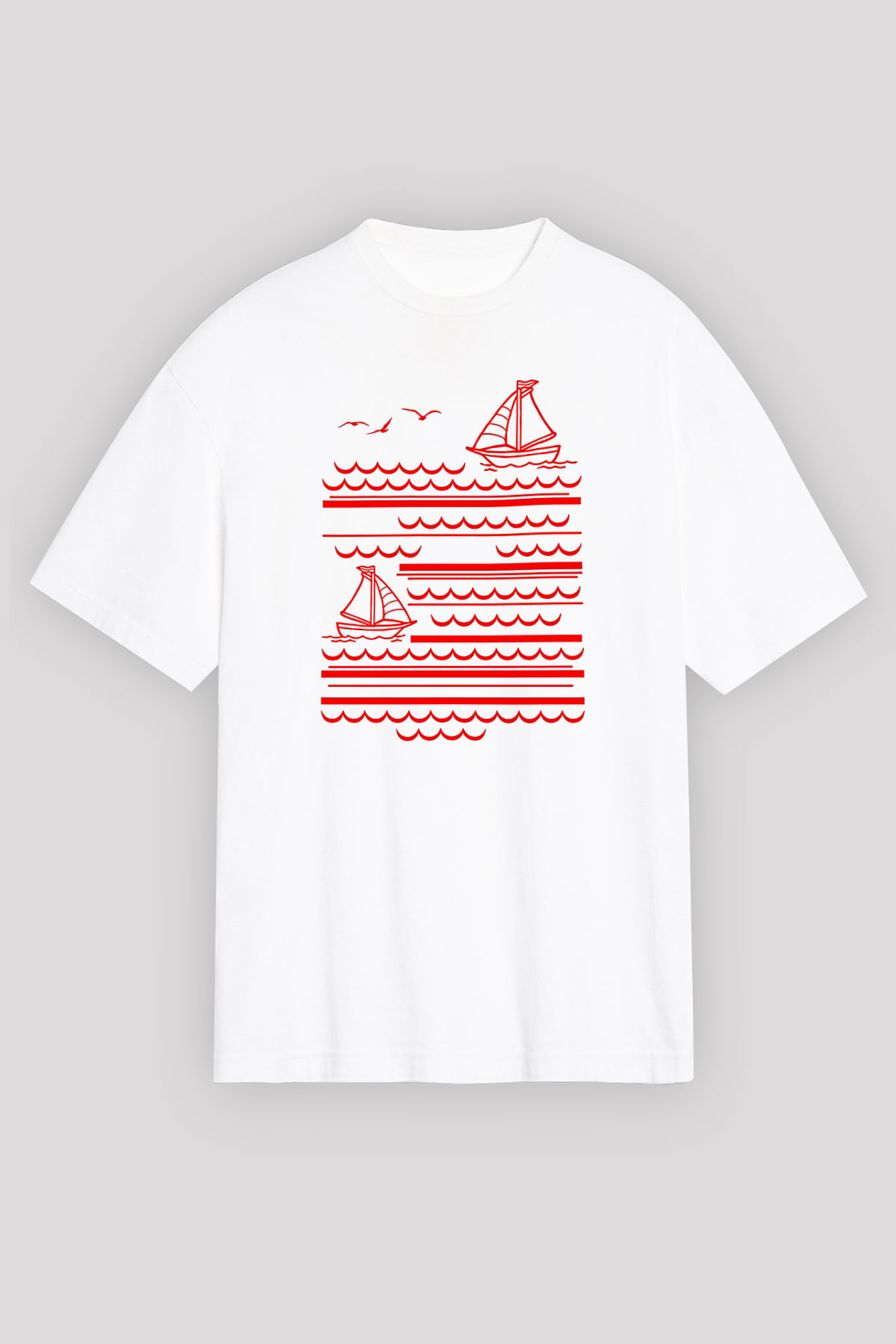 Yelken Baskılı Unisex Beyaz Oversize Tişört - Tshirt