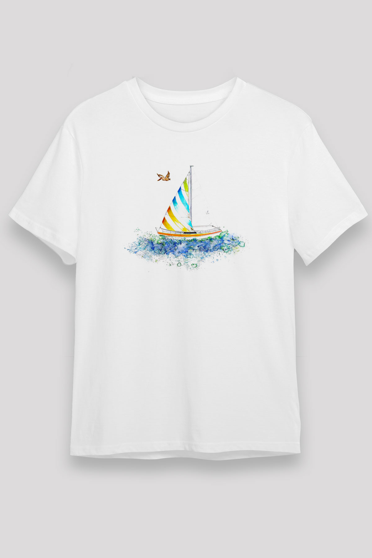 Yelken Baskılı Unisex Beyaz Tişört - Tshirt