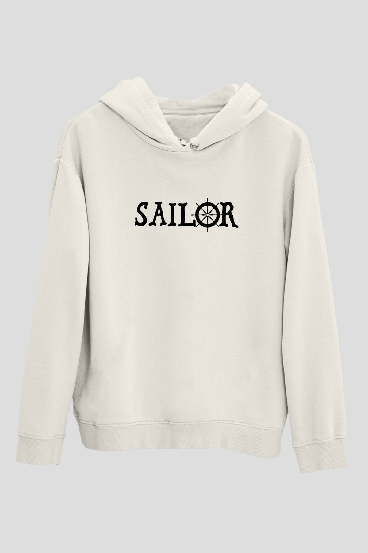 Yelken Baskılı Unisex Ekru Hoodie