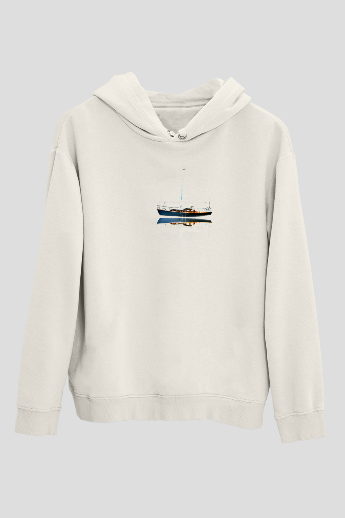 Yelken Baskılı Unisex Ekru Hoodie