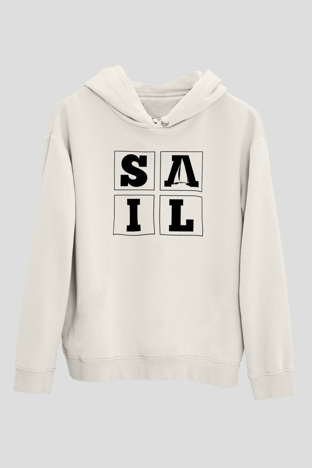 Yelken Baskılı Unisex Ekru Hoodie