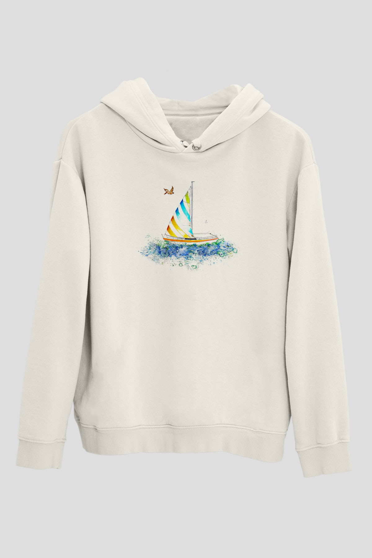Yelken Baskılı Unisex Ekru Hoodie