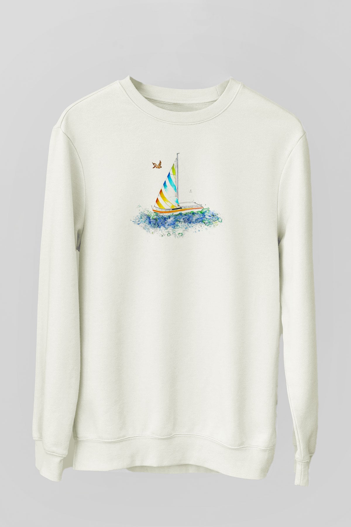 Yelken Baskılı Unisex Ekru Sweatshirt