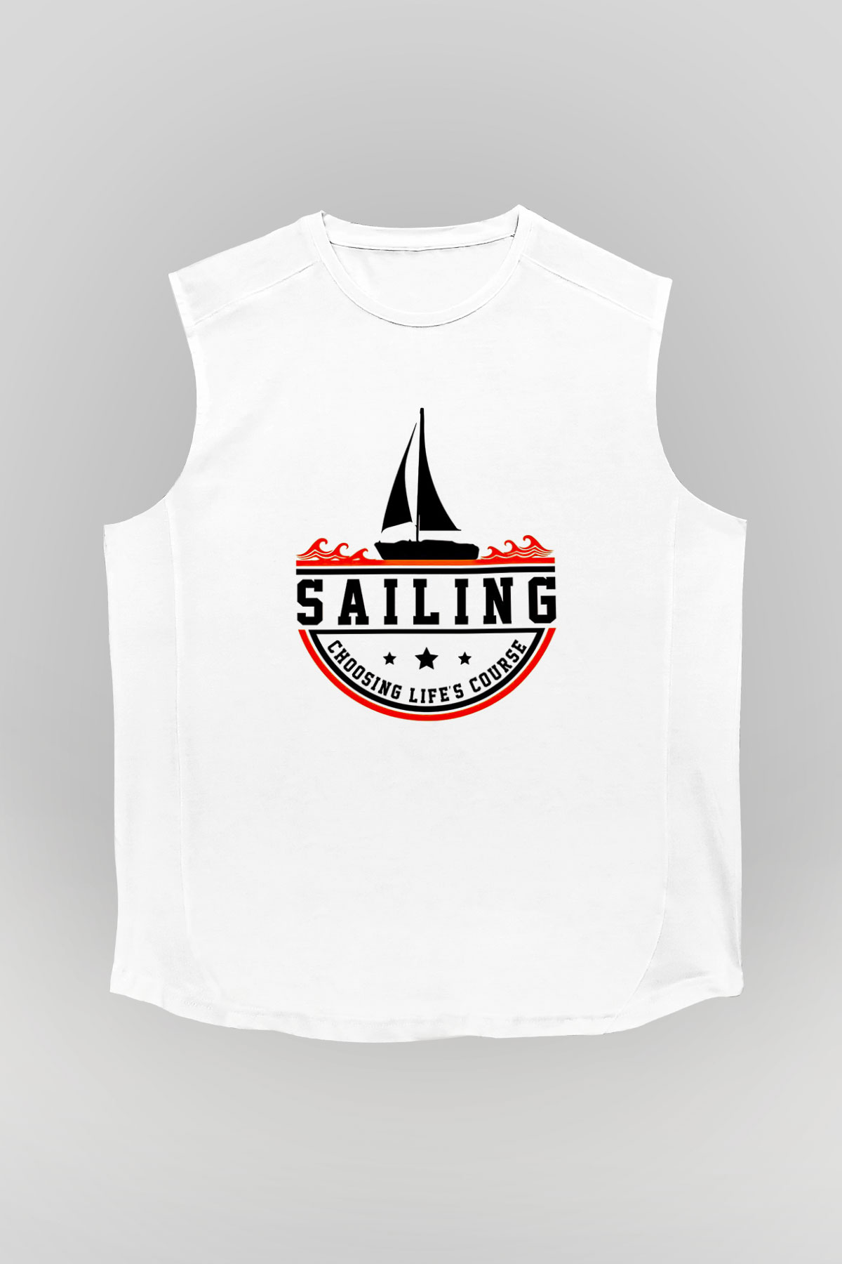 Yelken Baskılı Unisex Kolsuz Beyaz Tişört