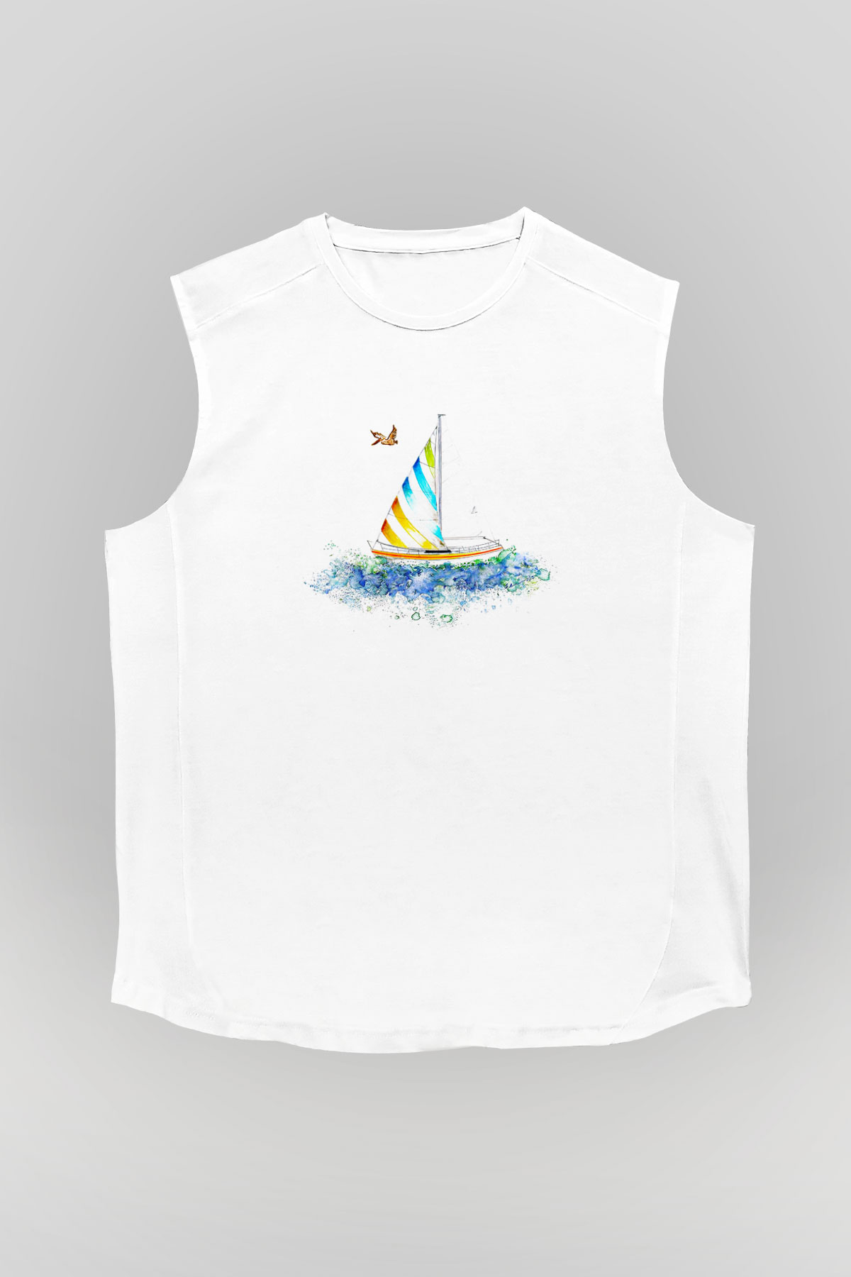 Yelken Baskılı Unisex Kolsuz Beyaz Tişört