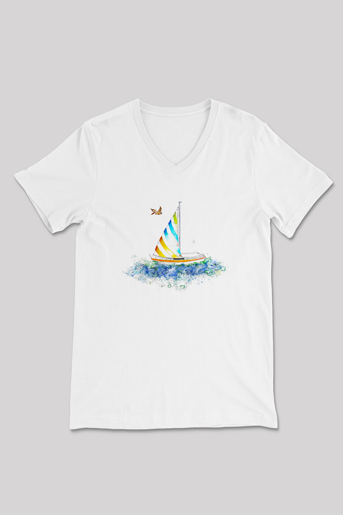 Yelken Baskılı Unisex V Yaka Tişört - Tshirt