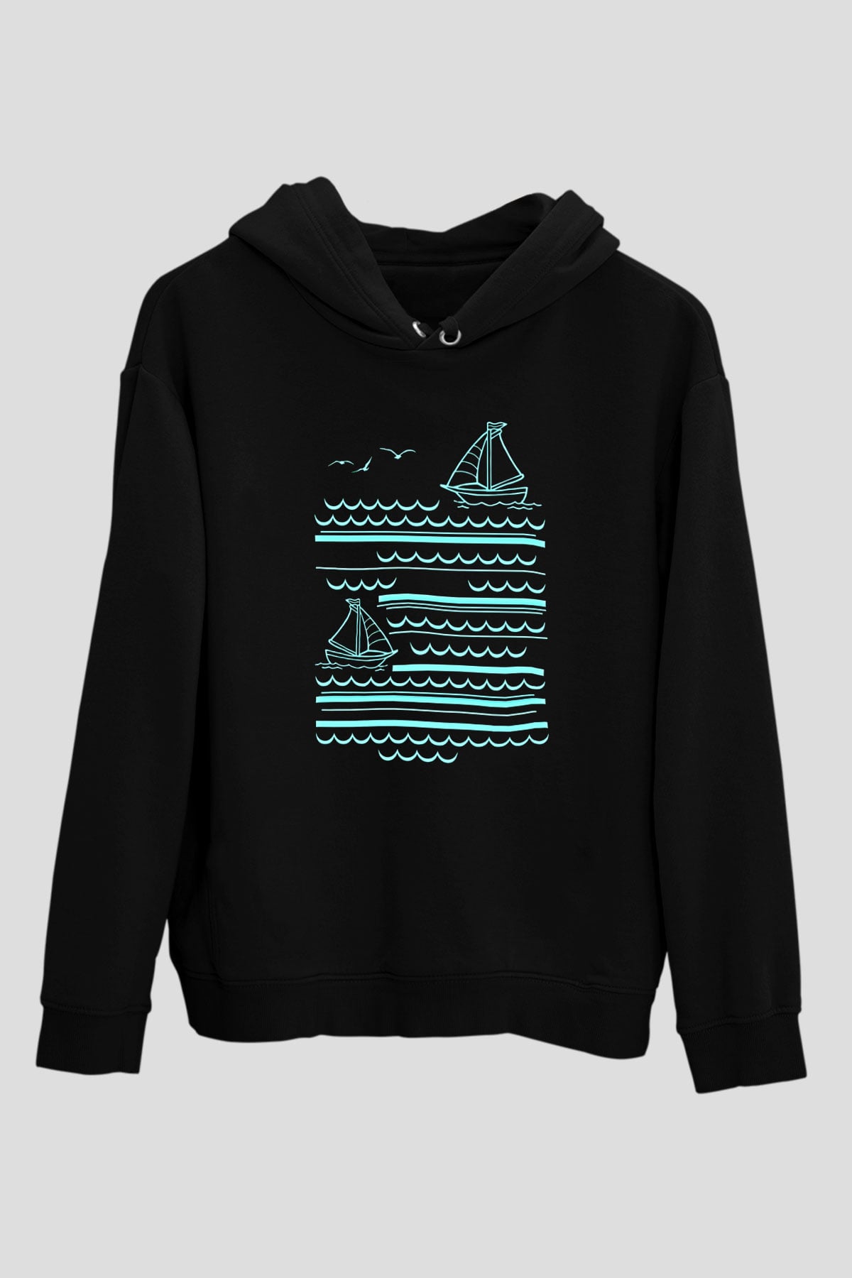 Yelken - Sail Baskılı Unisex Siyah Kapüşonlu Sweatshirt