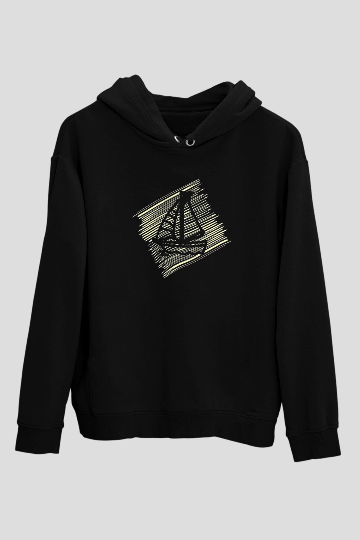 Yelken - Sail Baskılı Unisex Siyah Kapüşonlu Sweatshirt