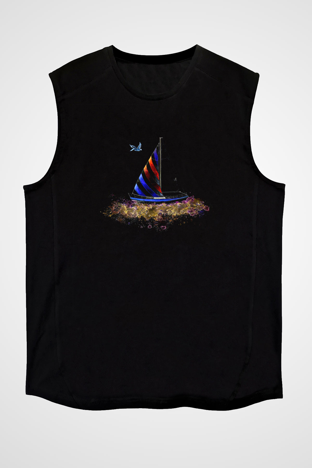 Yelken - Sail Baskılı Unisex Siyah Kolsuz Tişört