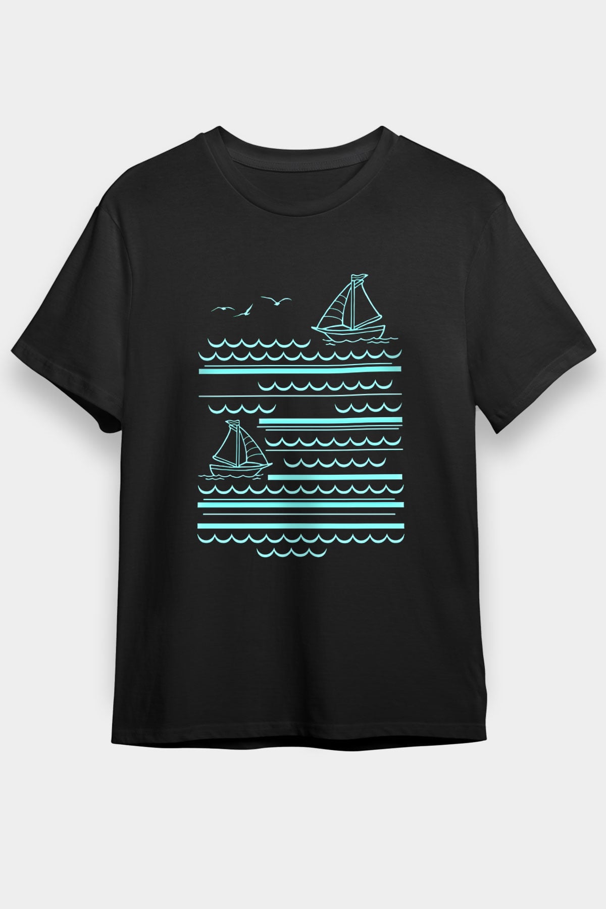 Yelken - Sail Baskılı Unisex Siyah Tişört - Tshirt