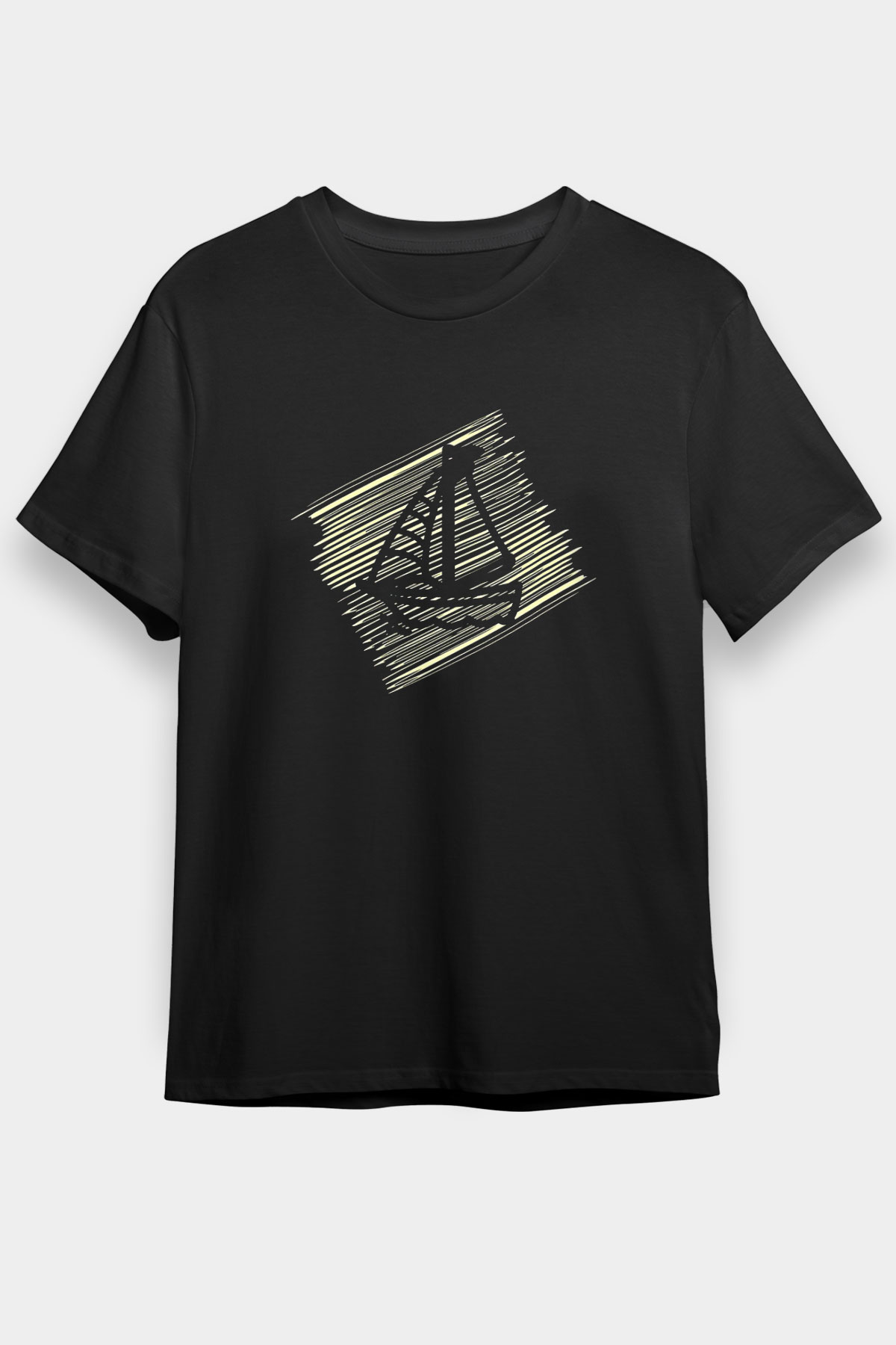 Yelken - Sail Baskılı Unisex Siyah Tişört - Tshirt