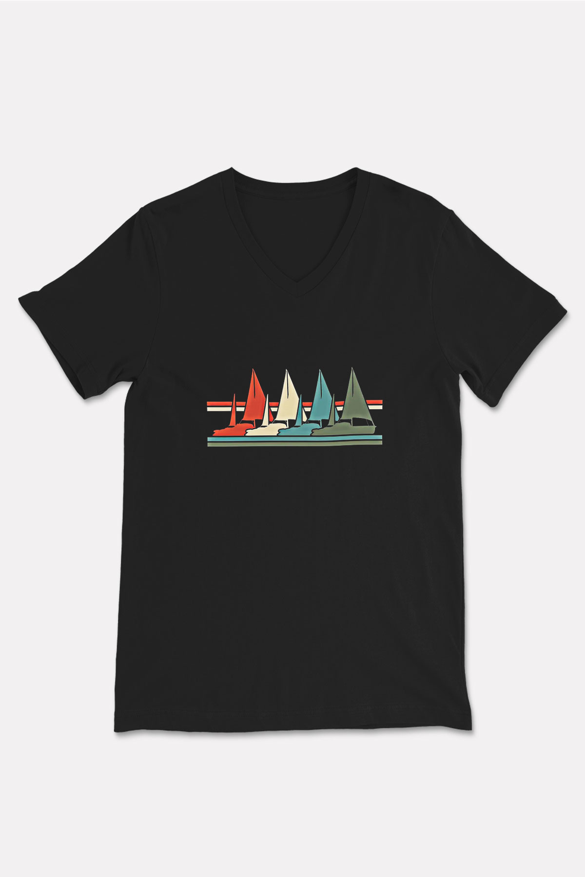 Yelken - Sail Baskılı Unisex Siyah V Yaka Tişört