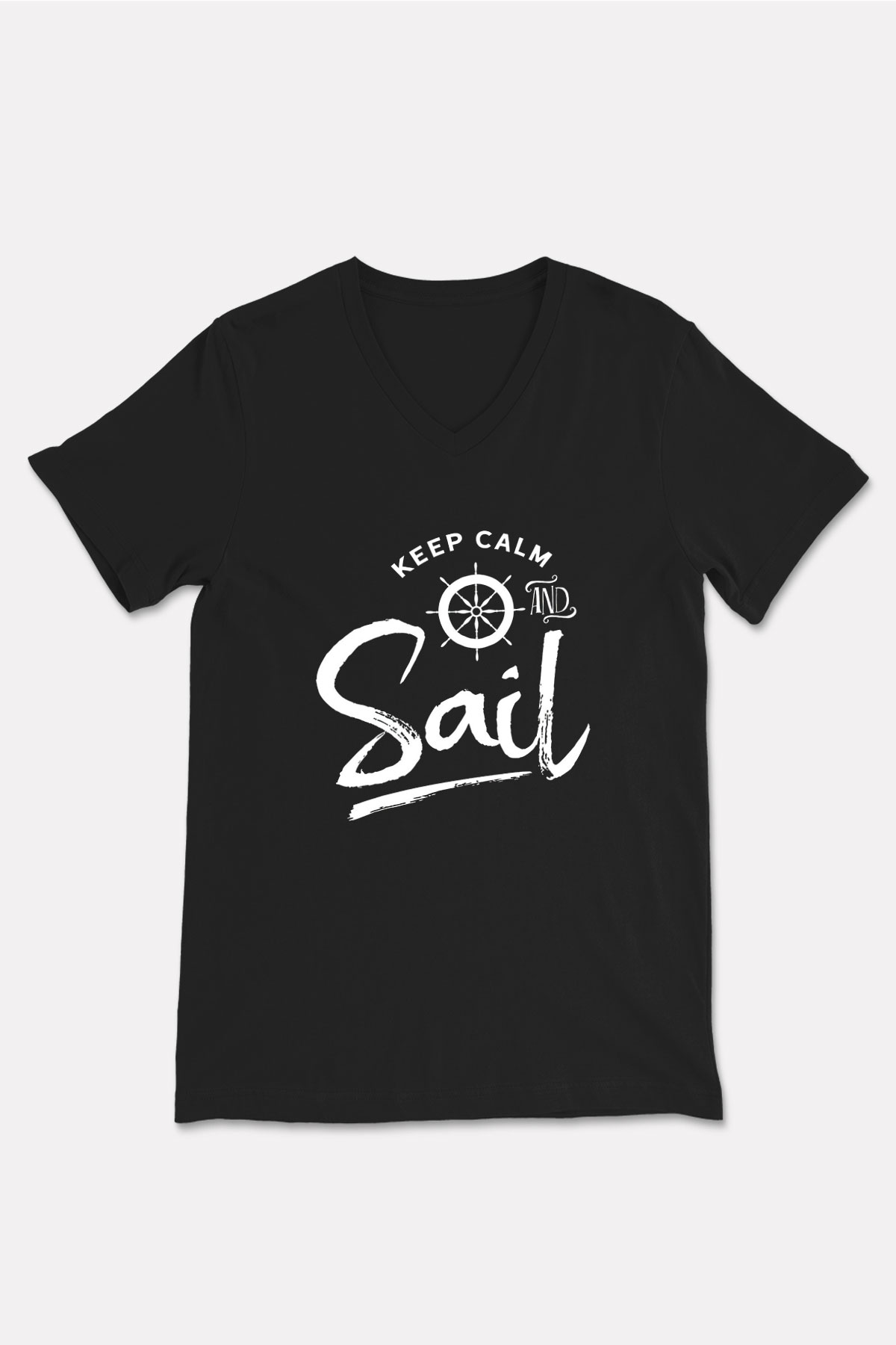 Yelken - Sail Baskılı Unisex Siyah V Yaka Tişört