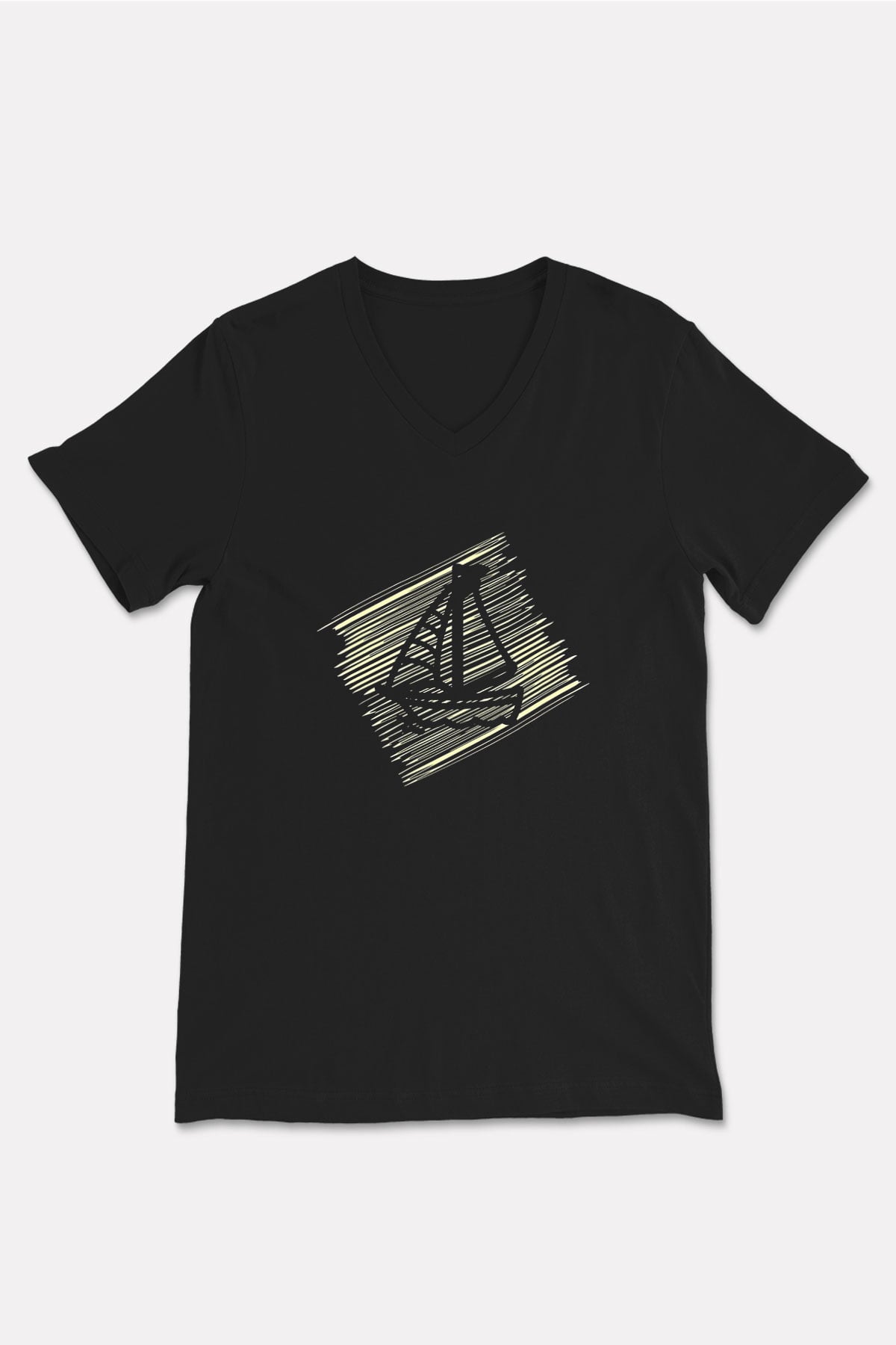 Yelken - Sail Baskılı Unisex Siyah V Yaka Tişört
