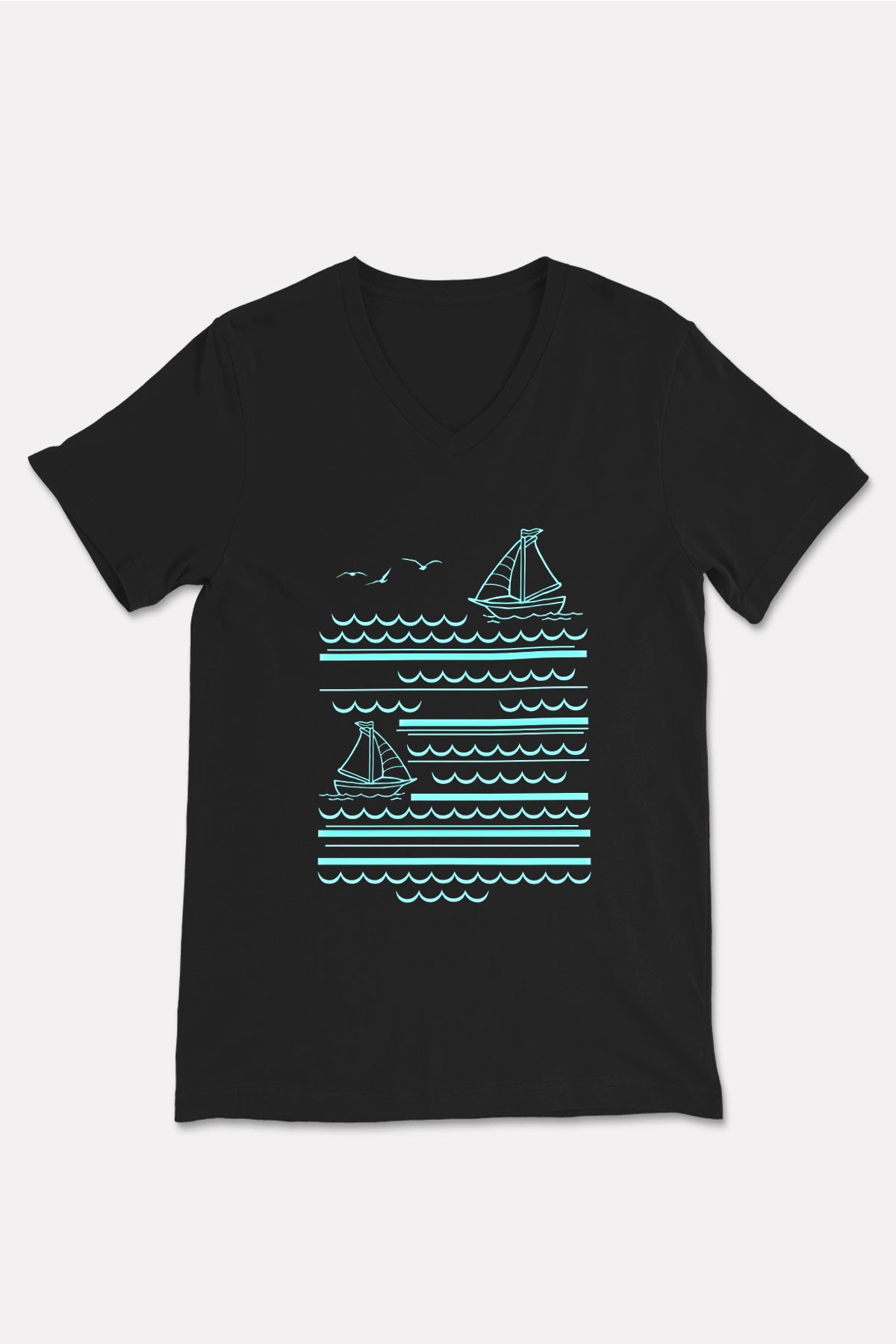 Yelken - Sail Baskılı Unisex Siyah V Yaka Tişört