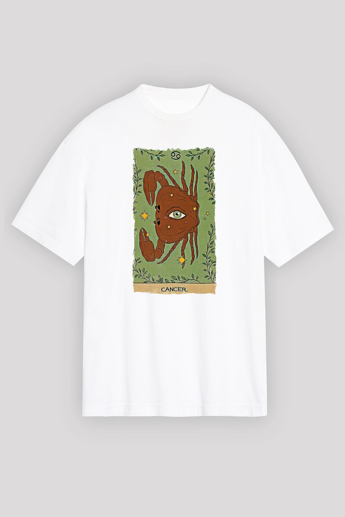 Yengeç Burcu Baskılı Beyaz Unisex Oversize Tişört - Tshirt