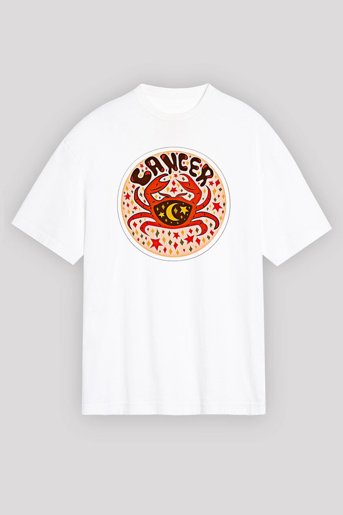 Yengeç Burcu Baskılı Beyaz Unisex Oversize Tişört - Tshirt