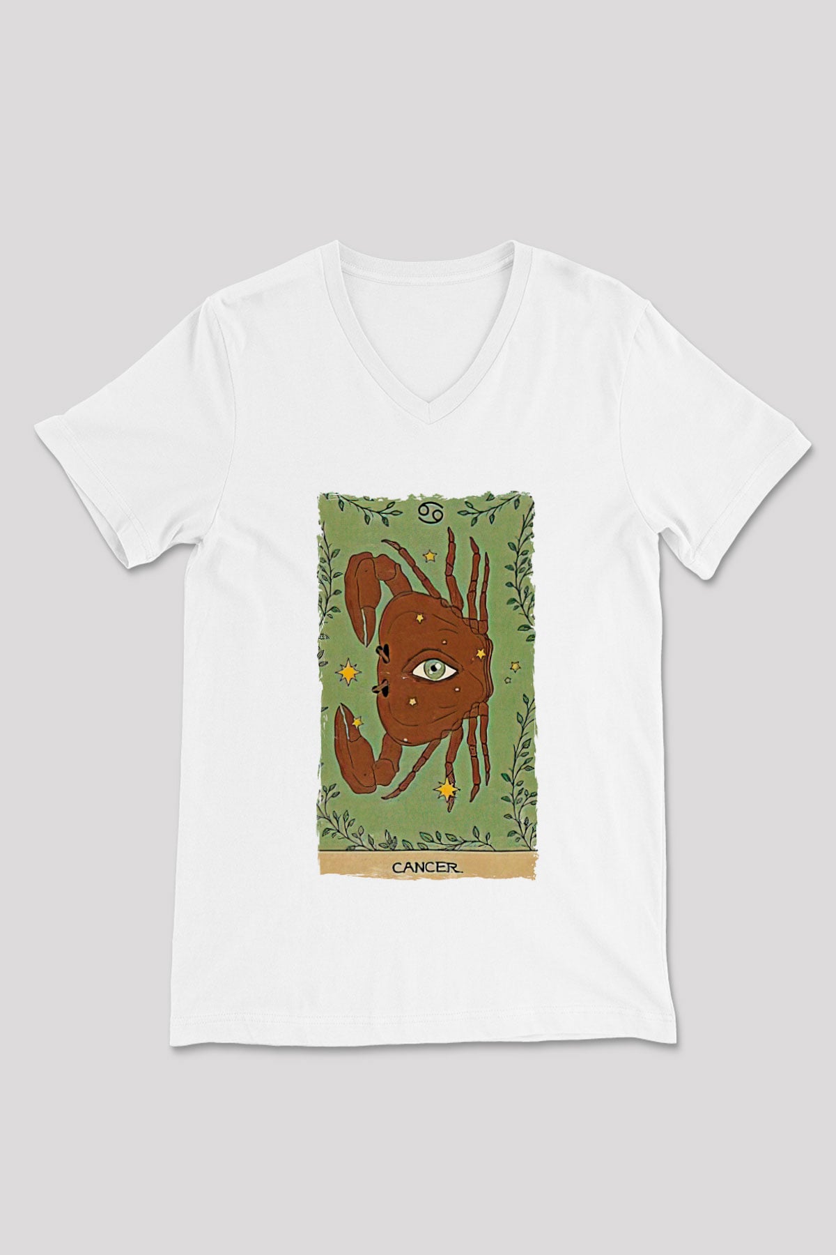 Yengeç Burcu Baskılı Beyaz Unisex V Yaka Tişört - Tshirt