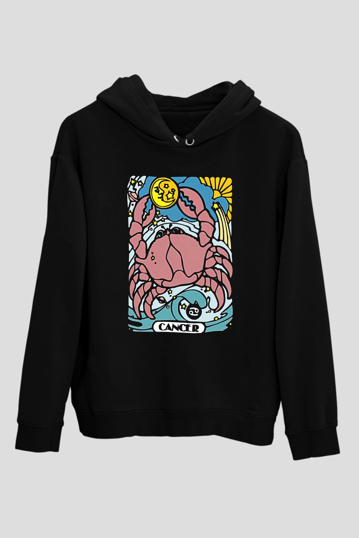 Yengeç Burcu Baskılı Unisex Siyah Hoodie