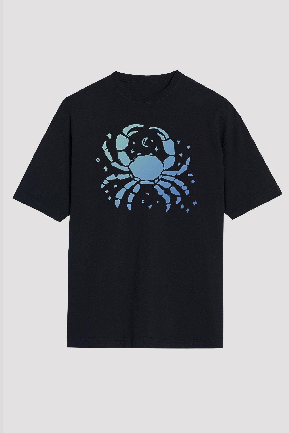 Yengeç Burcu Baskılı Unisex Siyah Oversize Tişört - Tshirt