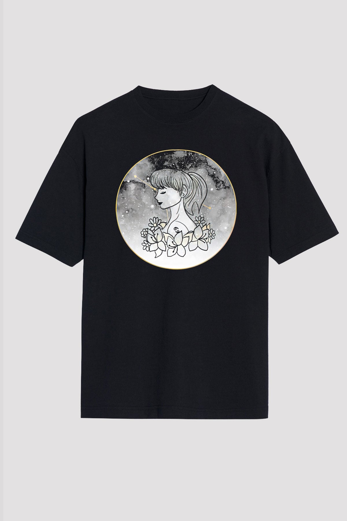 Yengeç Burcu Baskılı Unisex Siyah Oversize Tişört - Tshirt