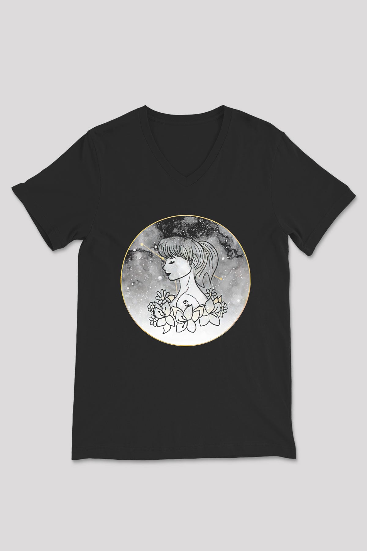 Yengeç Burcu Baskılı Unisex Siyah V Yaka Tişört - Tshirt