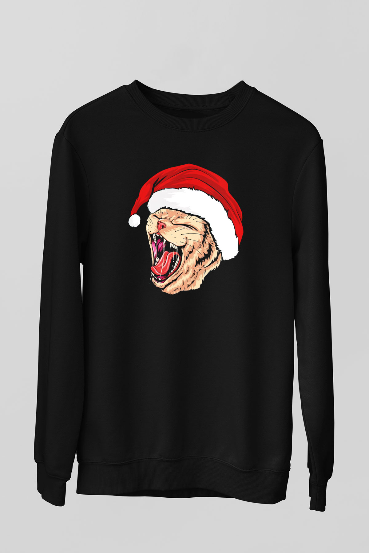Yeni Yıl Kedi Baskılı Unisex Siyah  Sweatshirt