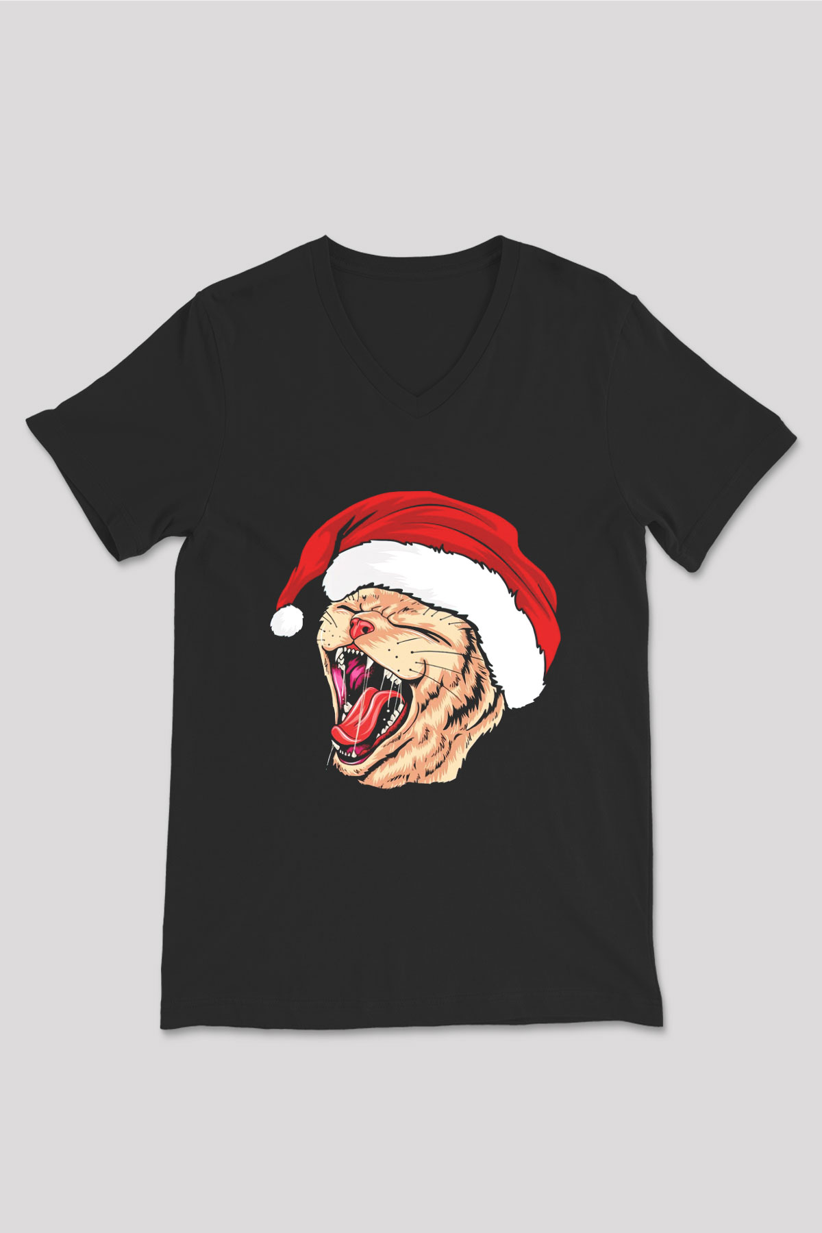 Yeni Yıl Kedi Baskılı Unisex Siyah  V Yaka Tişört
