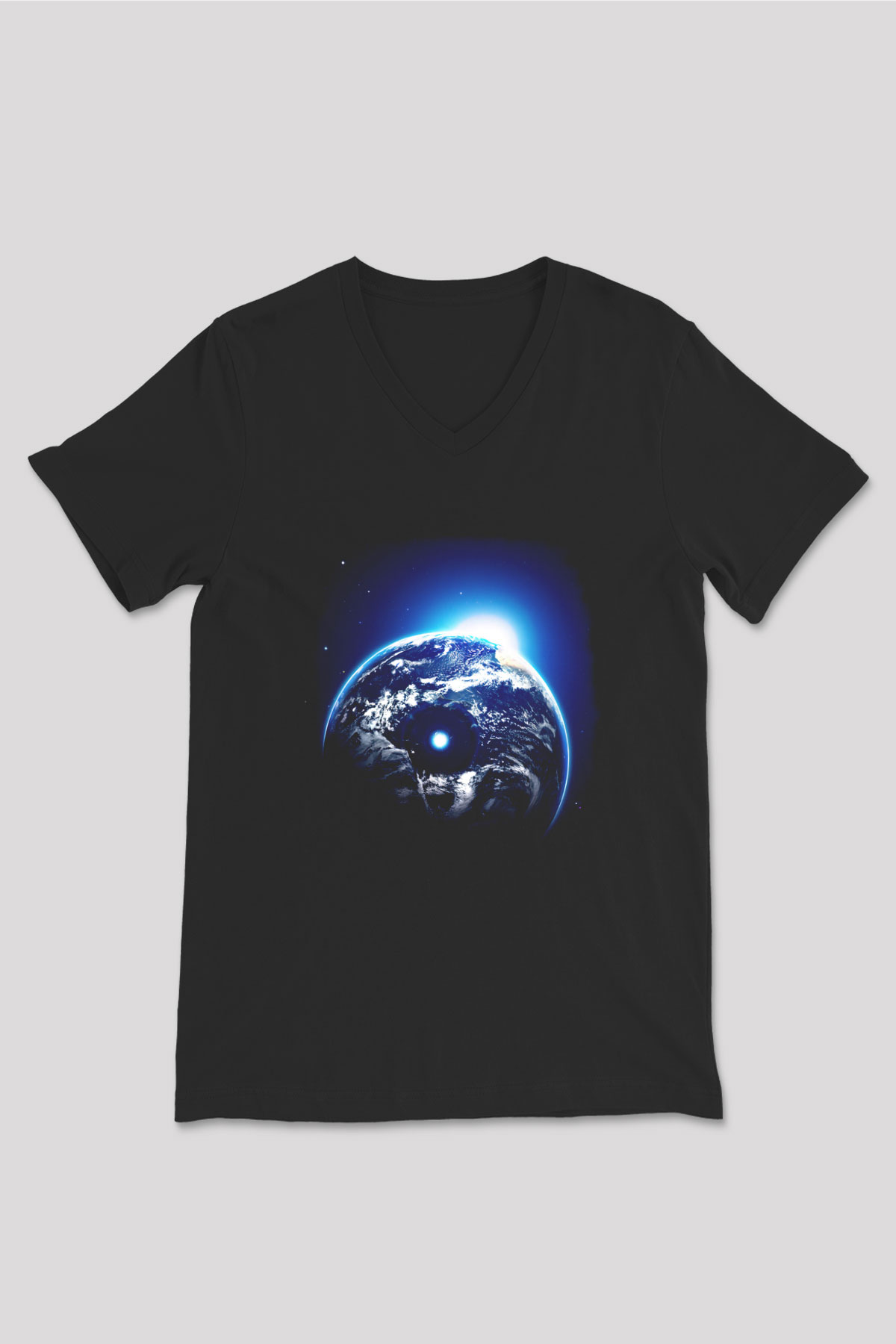 Yer yüzü Siyah Unisex V Yaka Tişört