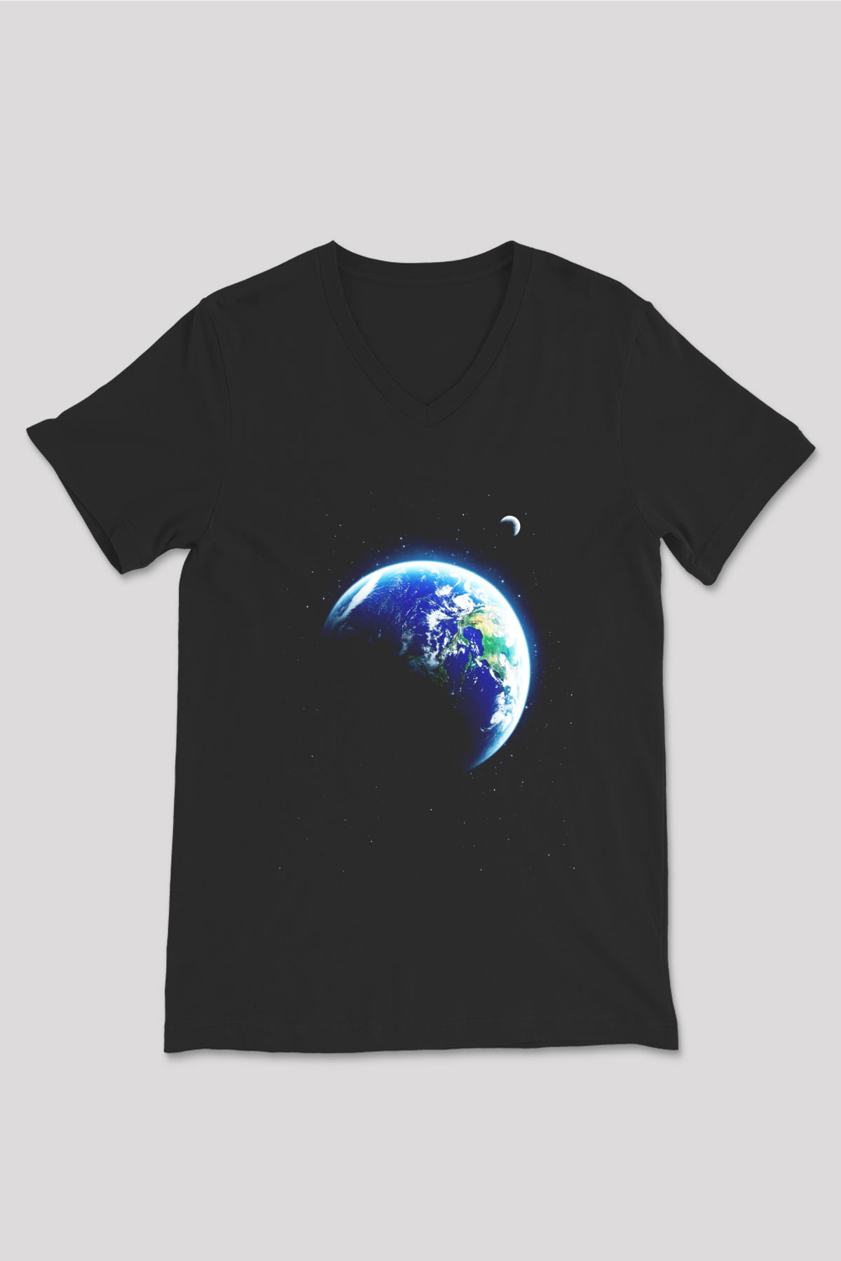 Yer yüzü Siyah Unisex V Yaka Tişört T-Shirt